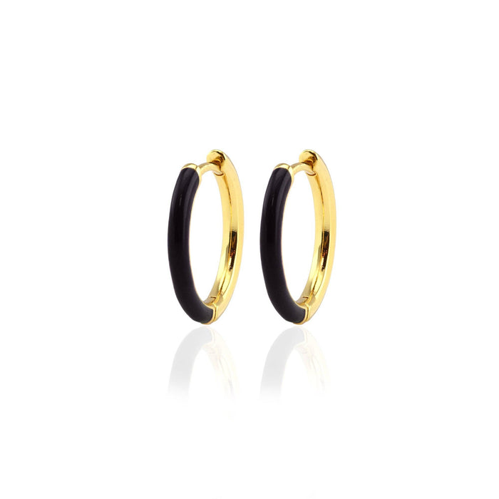 Gilded Enamel Hoop Earrings 18K Gold Vermeil 20mm Hoops Multiple Colors Hinge Closure Nickel Free Hypoallergenic Ships from CA: Black