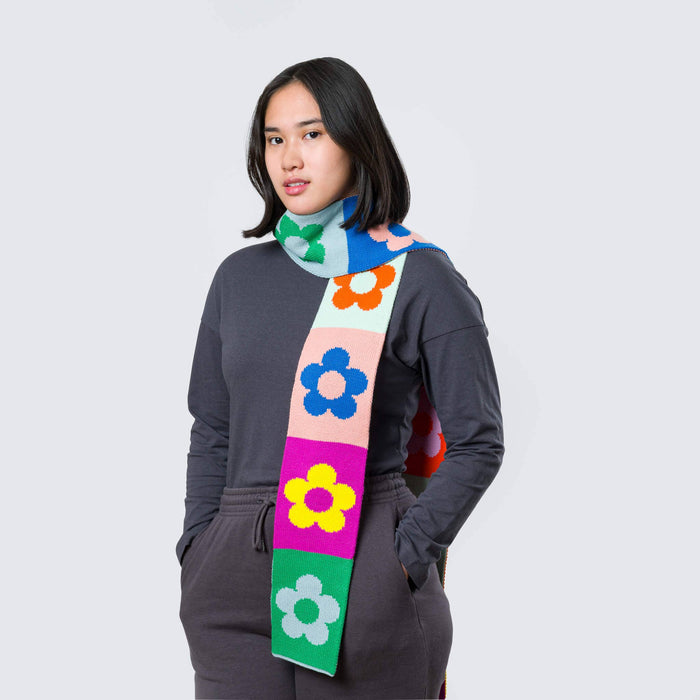 Flower Block Skinny Knit Scarf: Rainbow