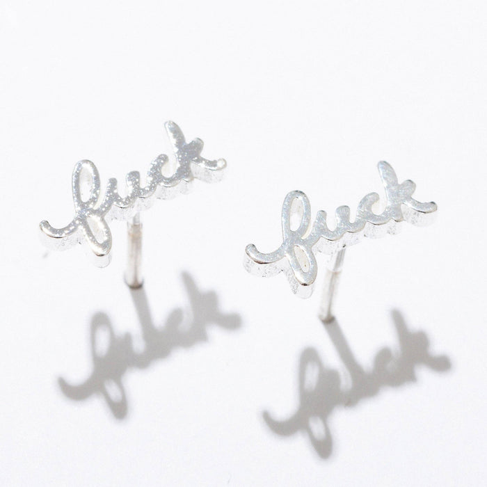 Fuck Script Stud Earring - Silver or Gold Plate, single/pair: Sterling Silver Plate / Pair