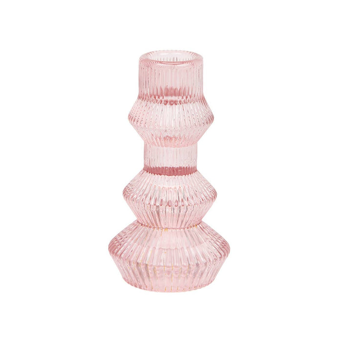 Ribbed Pink Glass Candlestick Holder