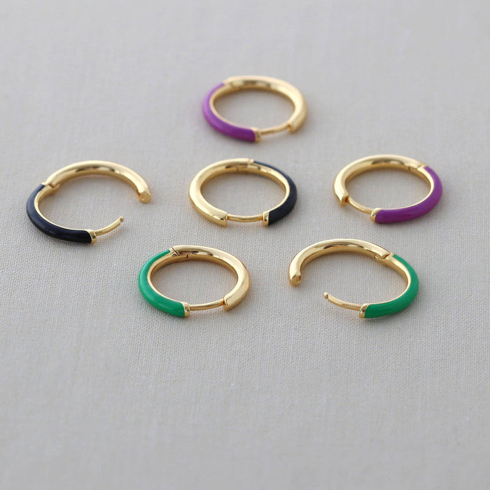 Gilded Enamel Hoop Earrings 18K Gold Vermeil 20mm Hoops Multiple Colors Hinge Closure Nickel Free Hypoallergenic Ships from CA: Green