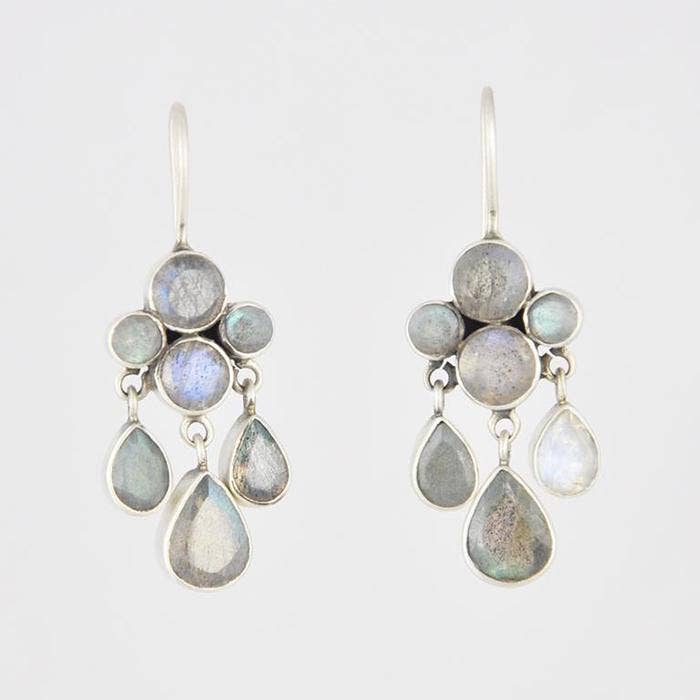 Faceted Stone Cluster and Teardrop Dangle Earrings: Sterling Silver / Pyrite