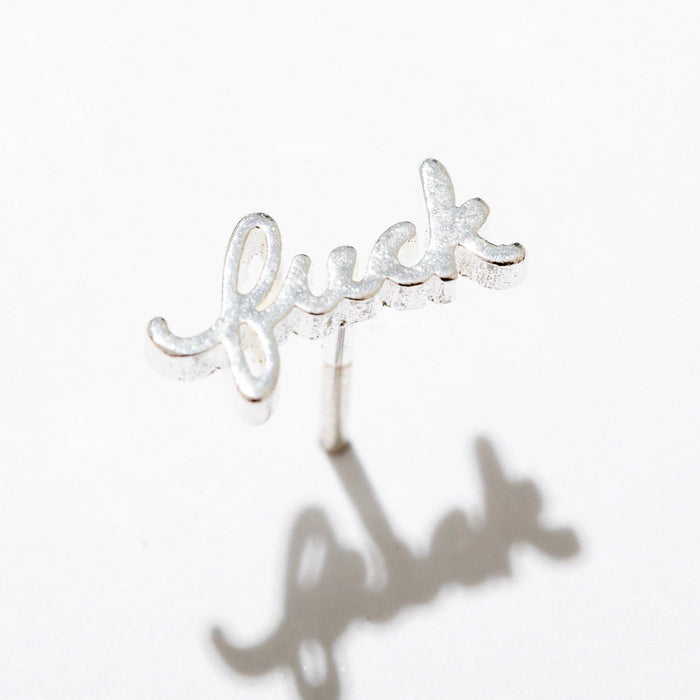 Fuck Script Stud Earring - Silver or Gold Plate, single/pair: Sterling Silver Plate / Pair