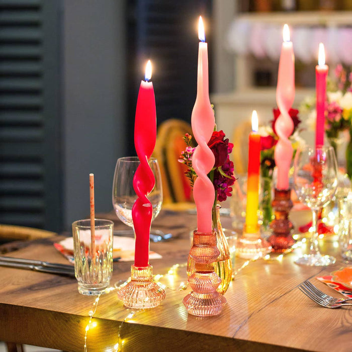 Ribbed Pink Glass Candlestick Holder