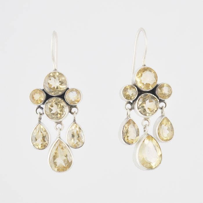 Faceted Stone Cluster and Teardrop Dangle Earrings: Sterling Silver / Pyrite