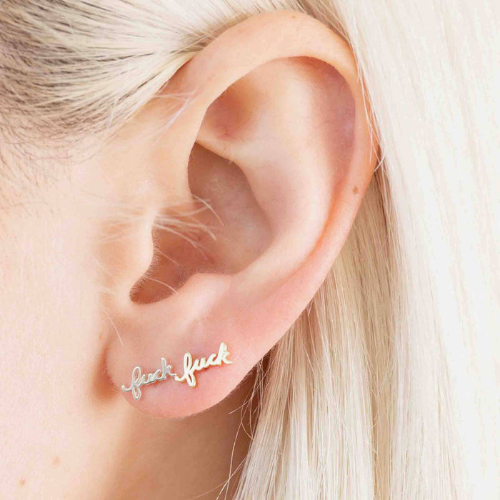 Fuck Script Stud Earring - Silver or Gold Plate, single/pair: Sterling Silver Plate / Pair