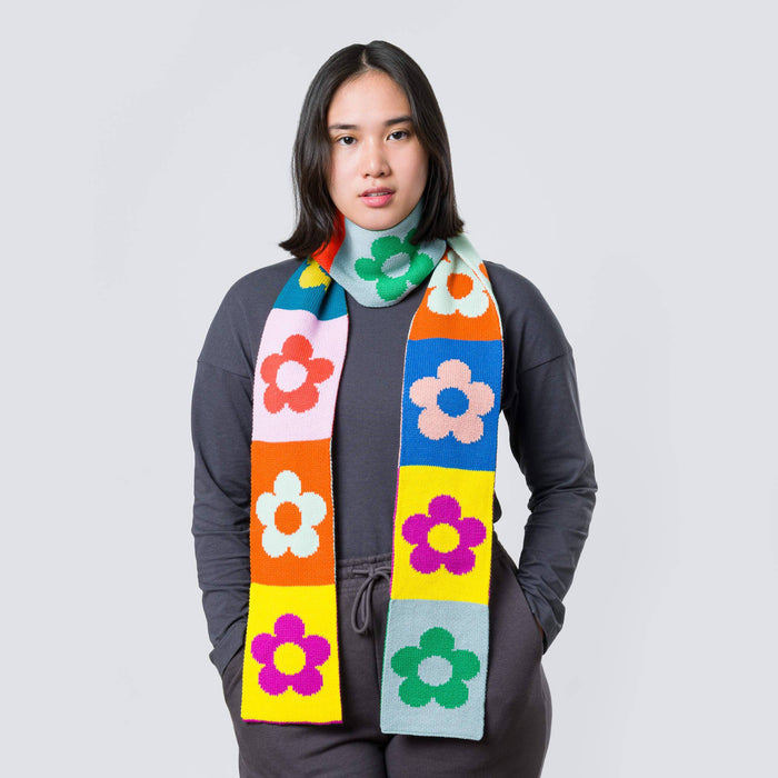 Flower Block Skinny Knit Scarf: Rainbow