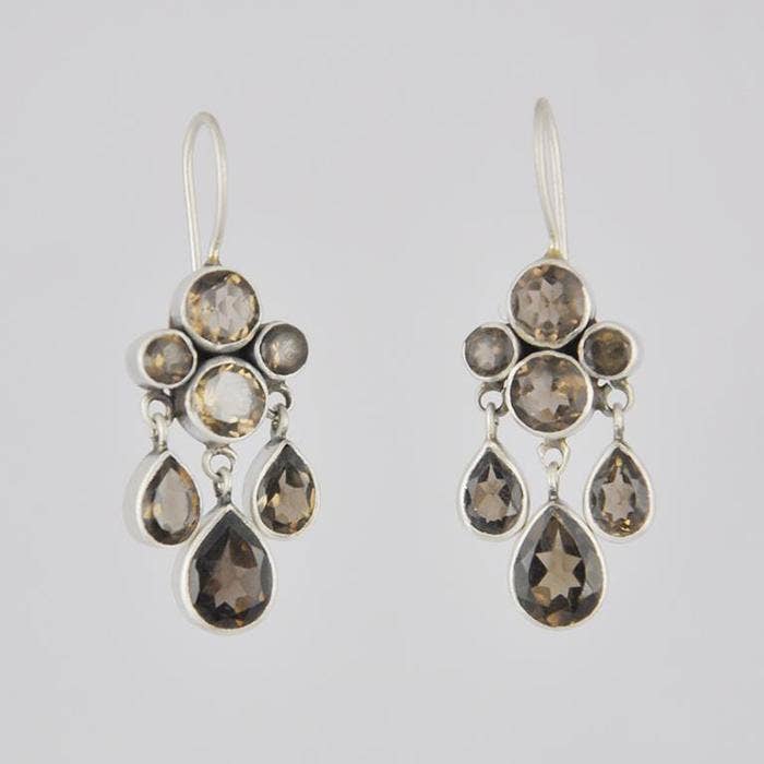 Faceted Stone Cluster and Teardrop Dangle Earrings: Sterling Silver / Pyrite