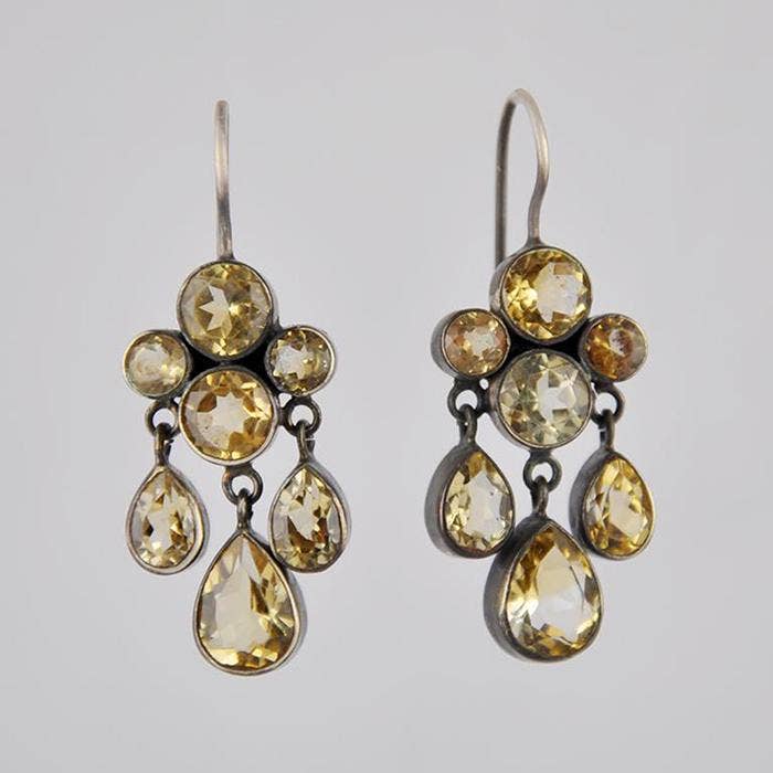 Faceted Stone Cluster and Teardrop Dangle Earrings: Sterling Silver / Pyrite