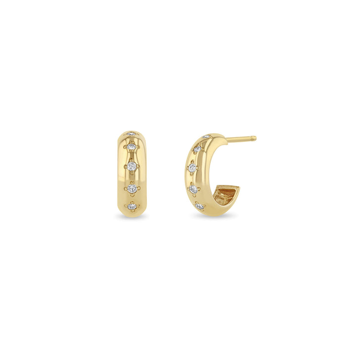 14kt Chubby Huggie Hoops with Bead Set Diamonds