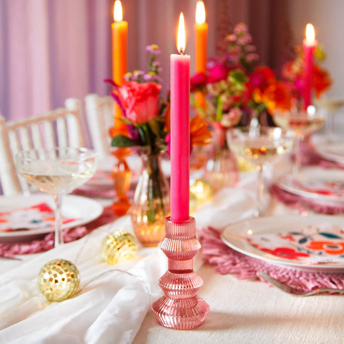 Ribbed Pink Glass Candlestick Holder