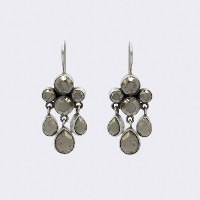 Faceted Stone Cluster and Teardrop Dangle Earrings: Sterling Silver / Pyrite