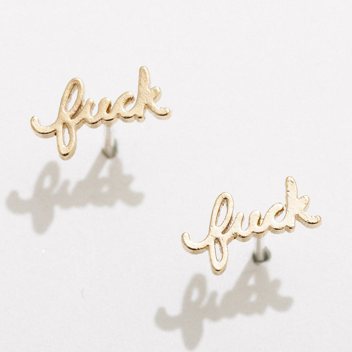 Fuck Script Stud Earring - Silver or Gold Plate, single/pair: Sterling Silver Plate / Pair