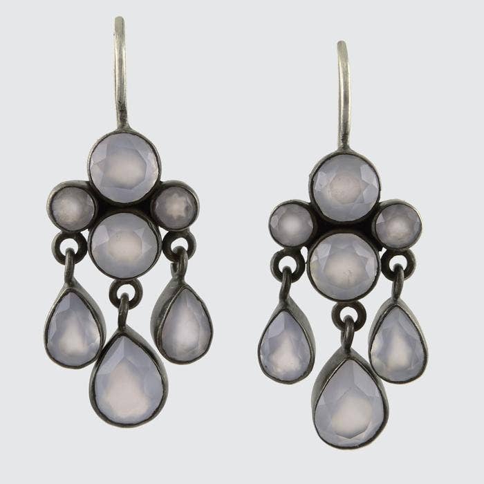 Faceted Stone Cluster and Teardrop Dangle Earrings: Sterling Silver / Pyrite