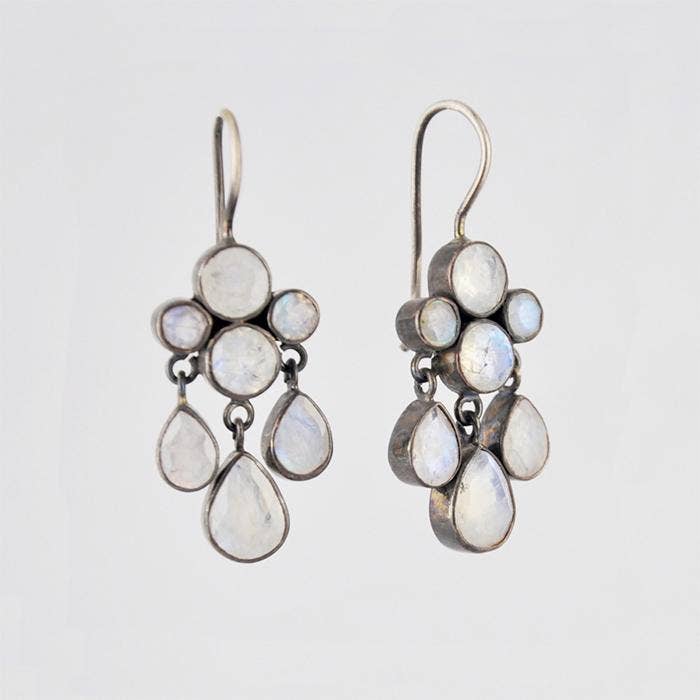 Faceted Stone Cluster and Teardrop Dangle Earrings: Sterling Silver / Pyrite