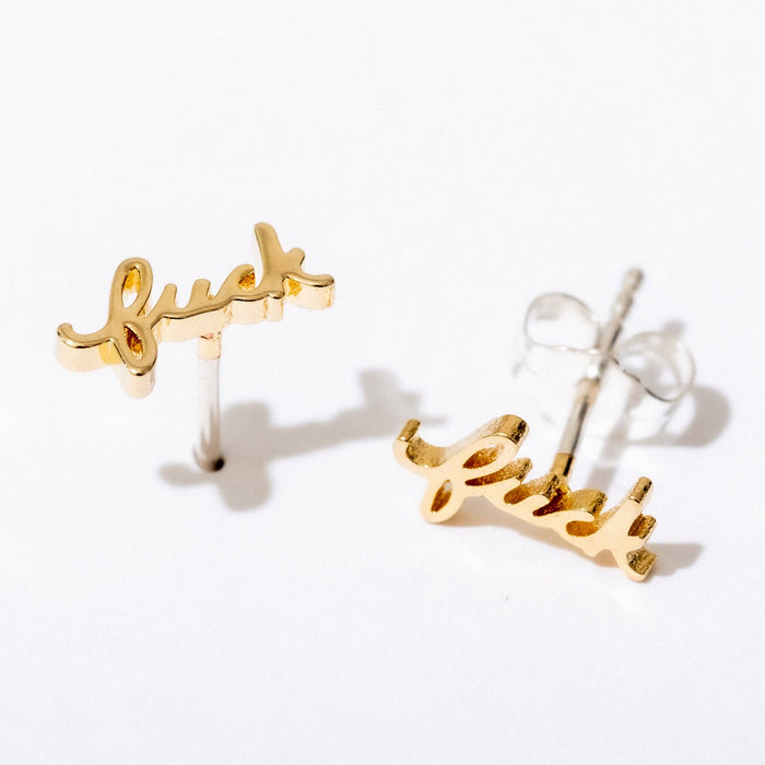 Fuck Script Stud Earring - Silver or Gold Plate, single/pair: Sterling Silver Plate / Pair