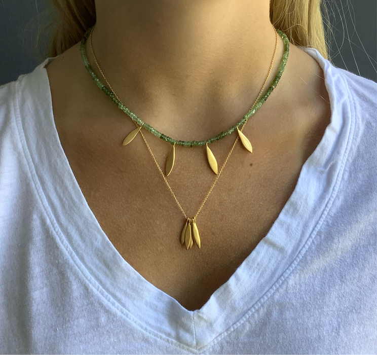 Four leaves on green tourmaline necklace: Vermeil