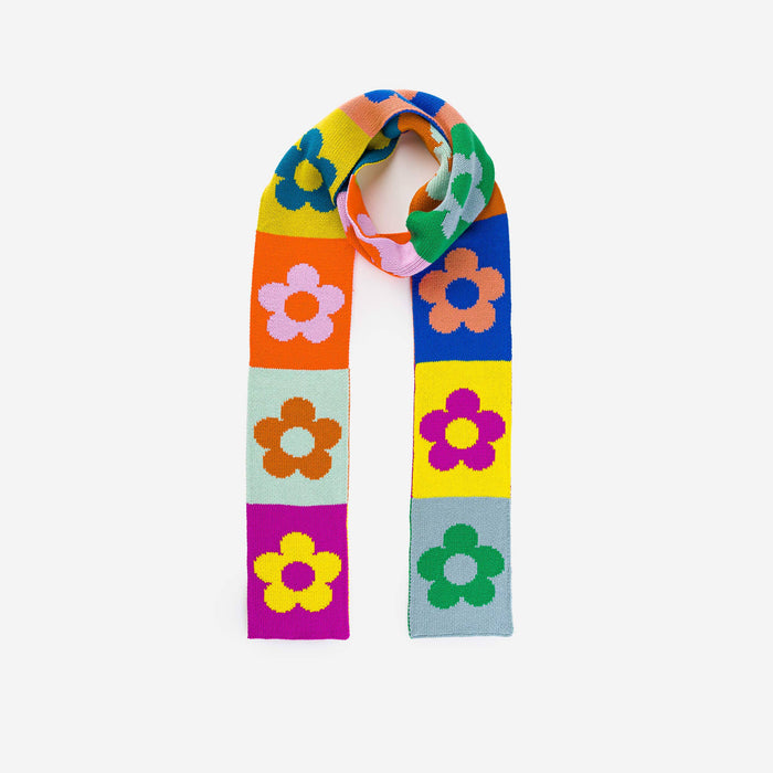 Flower Block Skinny Knit Scarf: Rainbow