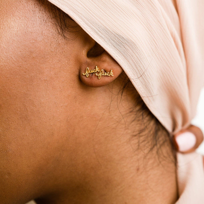 Fuck Script Stud Earring - Silver or Gold Plate, single/pair: Sterling Silver Plate / Pair